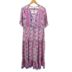 Goodnight Macaroon NWT‎ Boho Floral Midi Dress Pink Purple Size Medium Romantic